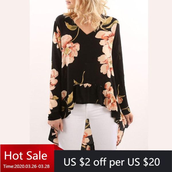 

women's blouses & shirts apperloth black v neck floral printed dip hem elegant ruffle asymmetrical longline blouse women high low pullo, White