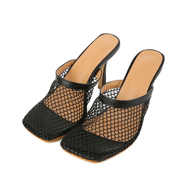 

2021 new fashion mules hollow mesh square toe shoes for women high heels summer party pumps size 42 aalq, Black