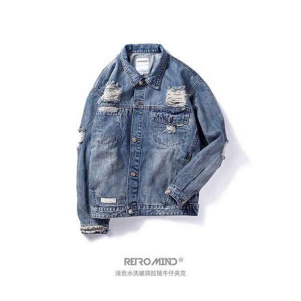 

nan xia chao brand oversize wash men's new product hole denim jacket, Black;brown