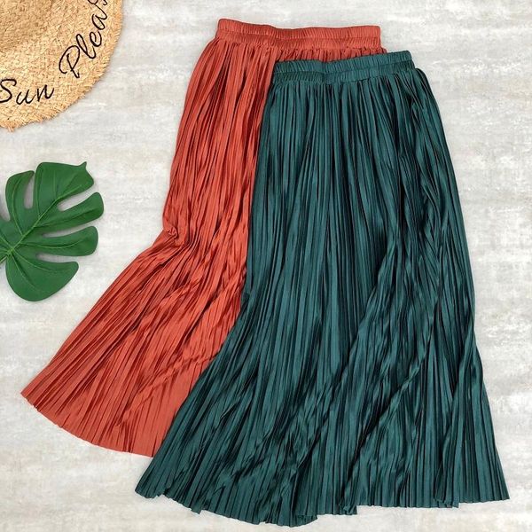 

skirts 2021 women midi pleated metallic color shinny long daily skirt for colorful mid-calf party street, Black