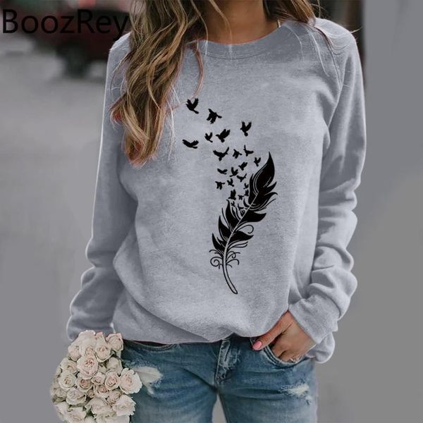 

women's sweaters boozrey pullover round neck feather print long sleeve sweatshirt fall clothes for women casual hoodies clothing, White;black