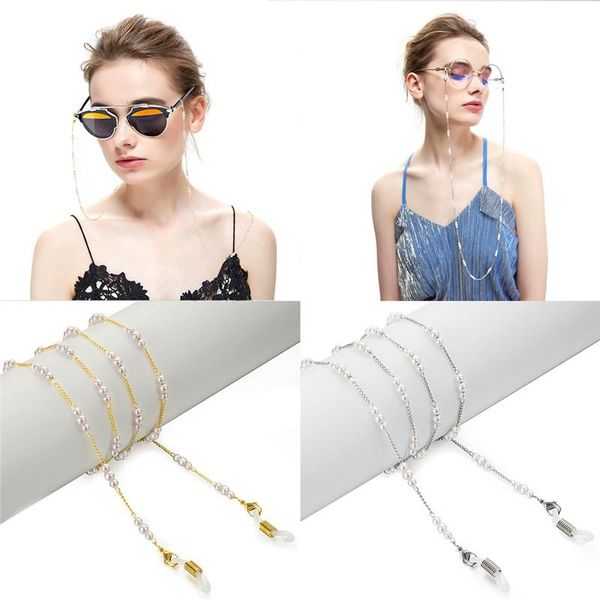 

sunglasses frames fashion pearl metal glasses chain reading frame neck strap, Silver