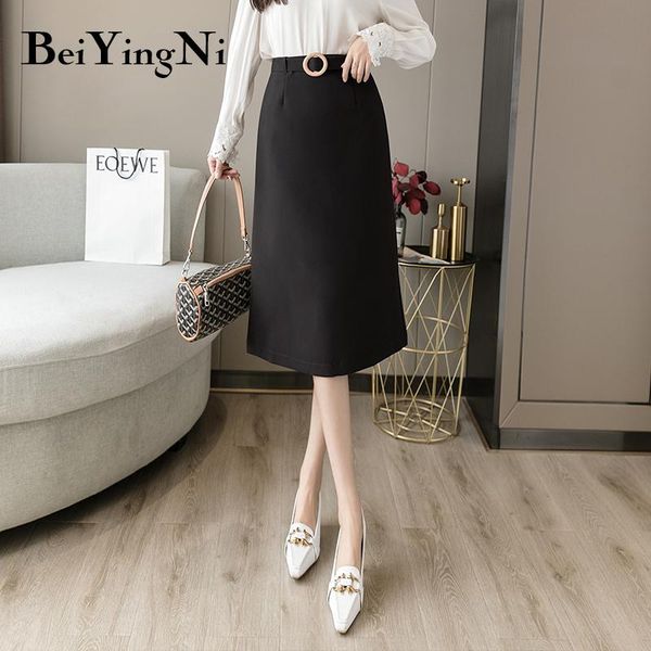 

beiyingni high waist skirts womens solid color vintage casual slim elegant korean package hip buttons lining skirt female saias, Black
