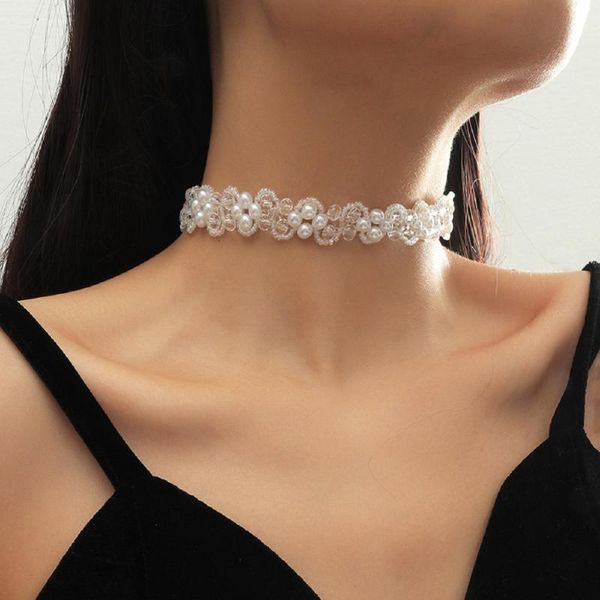 

chains creative design beaded transparent crystal white simulated pearl flower chokers necklaces for women party jewelry gifts, Silver