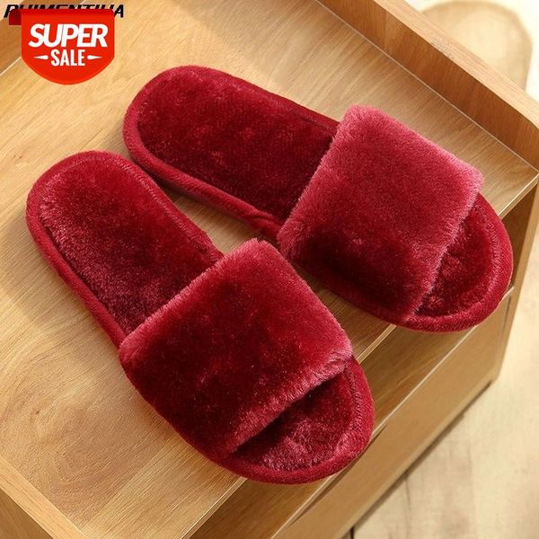 

dropship women winter slipper furry slides women home slippers winter warm shoes slip on flats slides female faux fur slippers #my45, Black