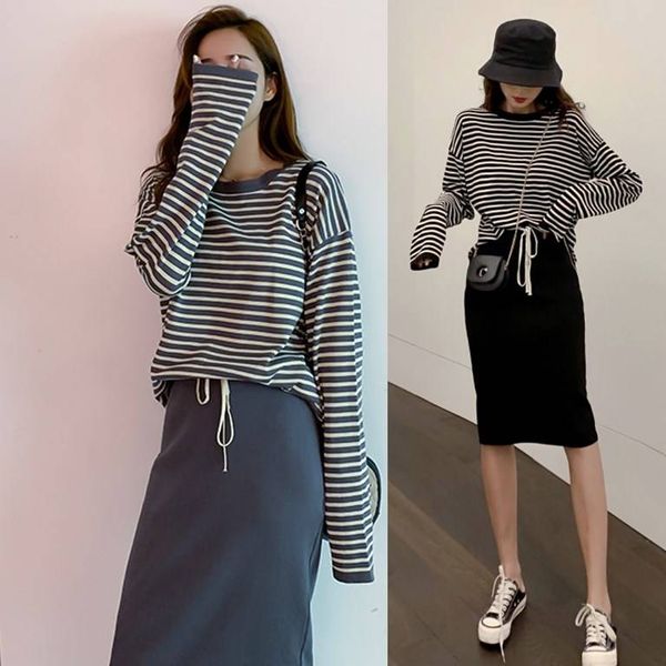 

2019 autumn and winter new loose striped long-sleeved sweater jacket skirt skirt hip two-piece female tide, Black;brown
