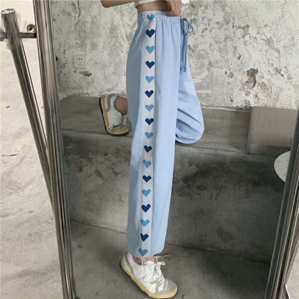 

kawaii sweatpants women spring summer fashion 2021 cute print joggers women blue splice high waist loose trousers, Black;white