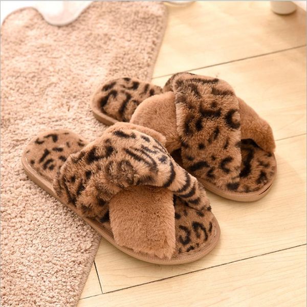 

slippers women's plush cross cotton non-slip warm ladies leopard print peep toe soft bottom comfort home shoes, Black