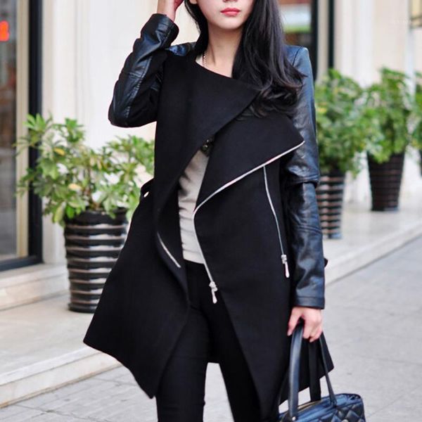 

women's wool & blends fashion winter coats women autumn zipper leather patchwork lapel casual slim overcoats female outer clothing muje, Black