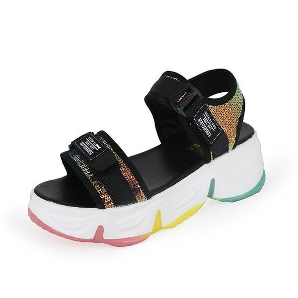 

hevxm new summer 2021 fish-toe ladies' sandals with high heels, wedges sequins platforms and peep-toe loafers, Black