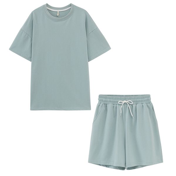 

green tracksuits womens two peices set leisure outfits cotton oversized t-shirts high waist shorts candy color clothing, White