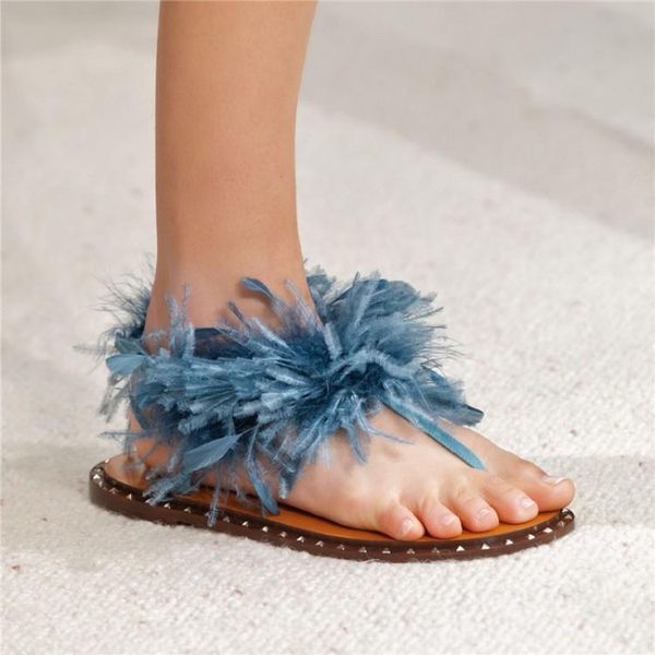 

dress shoes trendy high street fashion flip flop flat sandals posh ostrich hair embellished bohemian beach women, Black
