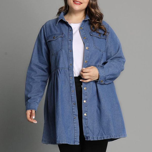 

6xl plus size long sleeve shirts blouses women pocket long polyester denim blouse casual ladies vintage button blusas mujer d30, White