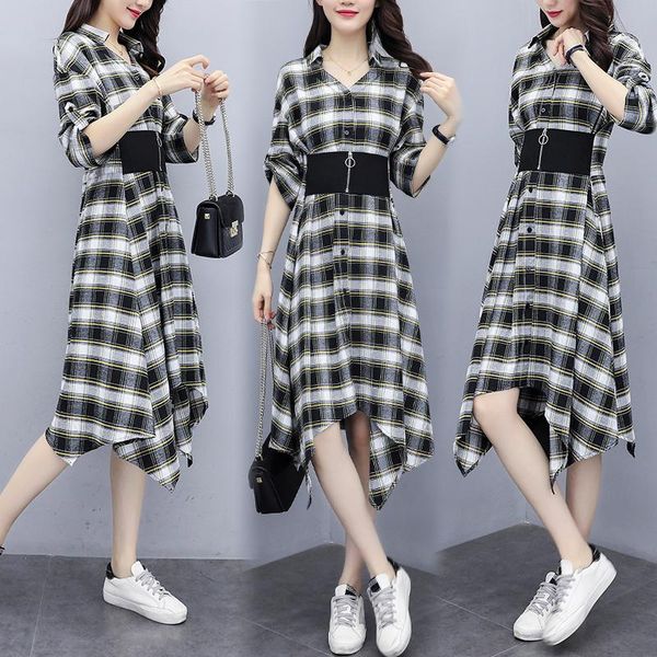 

casual dresses mujer 2021 spring summer long-sleeved plaid v-neck loose dress large size women's mid-length vestidos z557, Black;gray
