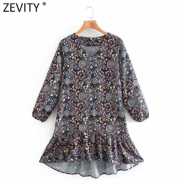 

zevity women vintage v neck tropical sea printing hem pleated ruffles mini dress female casual irregular vestido ds4808 210603, Black;gray
