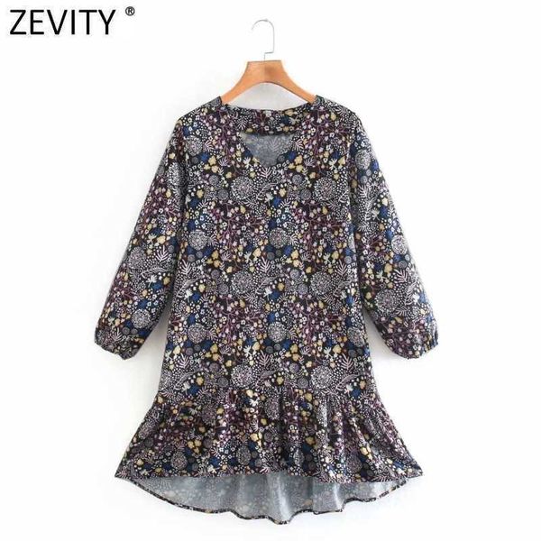 Zevity Frauen Vintage V-ausschnitt Tropisches Meer Druck Saum Plissee Rüschen Mini Kleid Weibliche Casual Unregelmäßige Vestido DS4808 210603