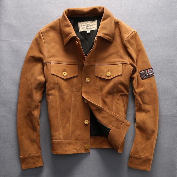 

men's leather & faux spring slim fit jacket genuine turn down collar single breasted thick soft cowhide coats for male, Black