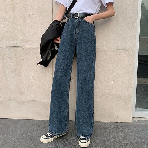 

women's jeans women loose mom high waist full length solid color washed denim trousers 2021 korean style casual baggy wide leg pants, Blue