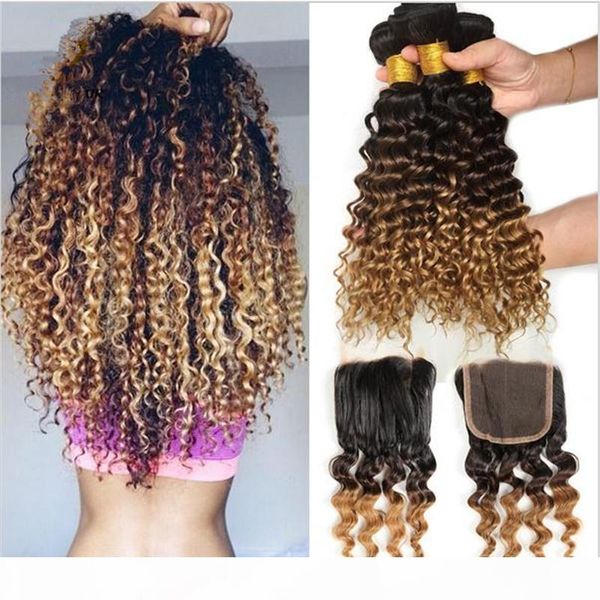 

1b 4 27 honey blonde three tone brazilian deep curly hair with closure 9a virgin brazilian ombre 3bundles with lace closure 4pcs lot, Black
