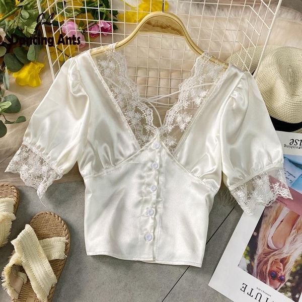 

women shirts v-neck short sleeve lace patchwork french slim 2021 summer new female elegant single breasted blouse, White