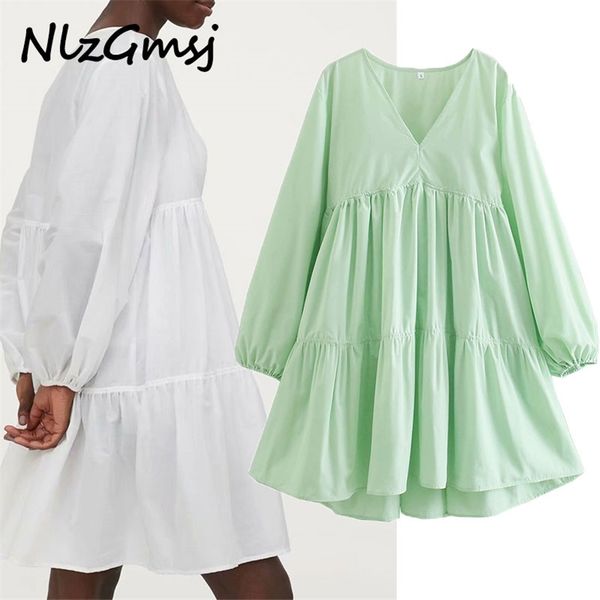 

dres spring v neck a-line lantern sleeve solid female clothes loose mini vestidos 210628, Black;gray