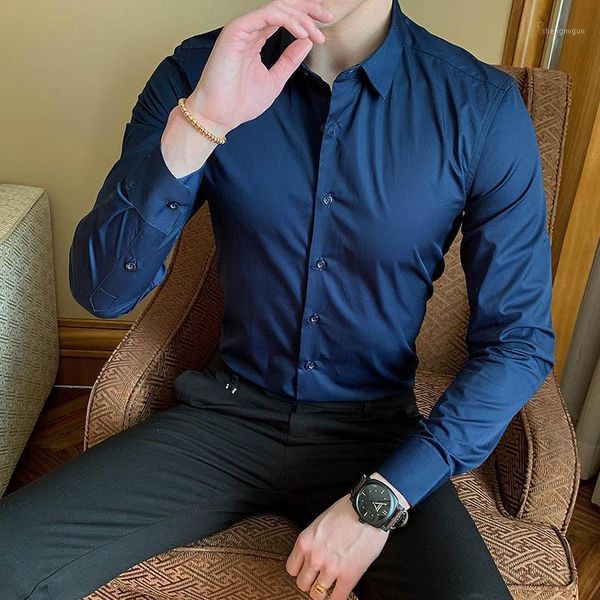 

fashion cotton long sleeve shirt solid color slim men social casual business white black formal asian size men's dress shirts