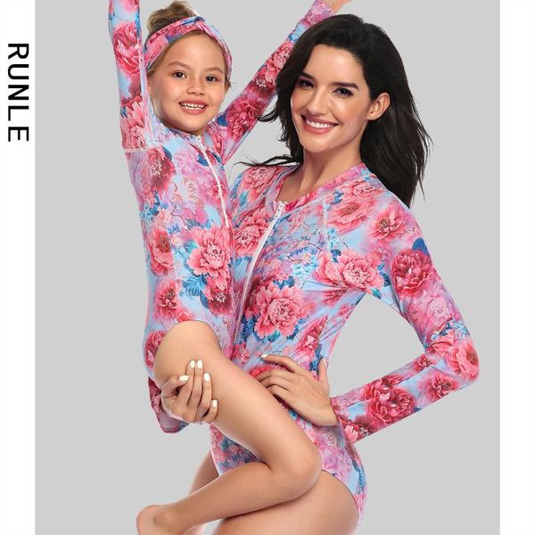 

parent child one piece swimsuit 2021 swimwear korean ladies push up new long sleeve print waste bikini polyester sierra