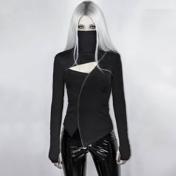 

turleneck bodycon black women t-shirts gothic punk zipper hollow out long sleeve t-shirt streetwear party goth top, White