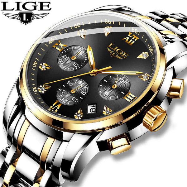 Relogio Masculino Lige Mens Relógios Top Marca Luxo Moda Diamante Relógio Homens de Aço Impermeável Esporte Quartzo Cronógrafo 210527