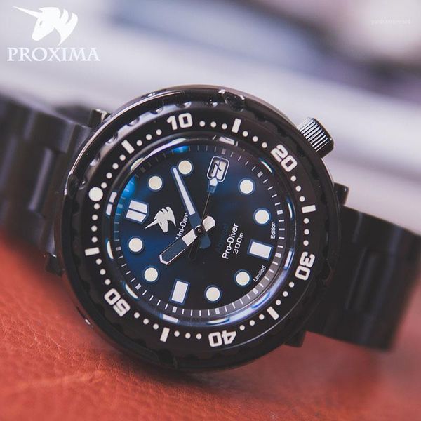 

proxima 2021 aluminum alloy automatic watch tuna men's diving 300m waterproof nh35 sapphire ceramic bezel c3 luminous wristwatches, Slivery;brown