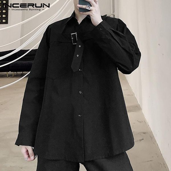 

men's casual shirts men shirt solid color lapel button up leisure camisas 2021 streetwear pockets personality fashion clothing incerun, White;black