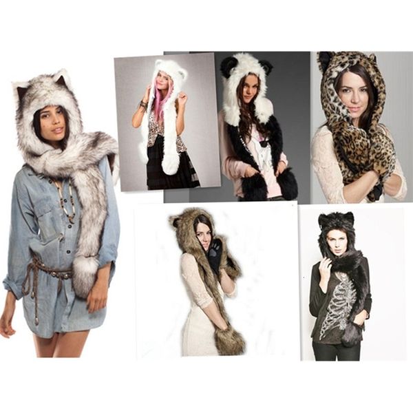 

hat winter imitation fur cartoon animal scarf glove integration 12, Blue;gray