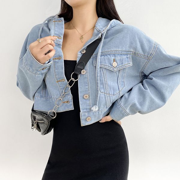 

street hooded breasted losse basic effects color denim jas women 2021 new, Black;brown