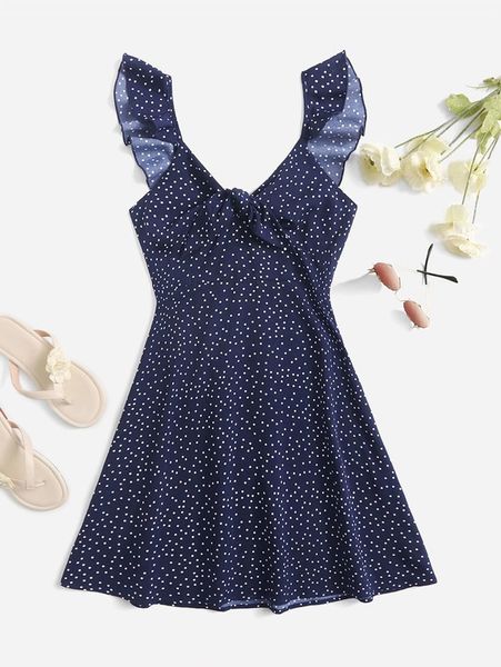 

teen girls polka dot tie front dress she, Red;yellow