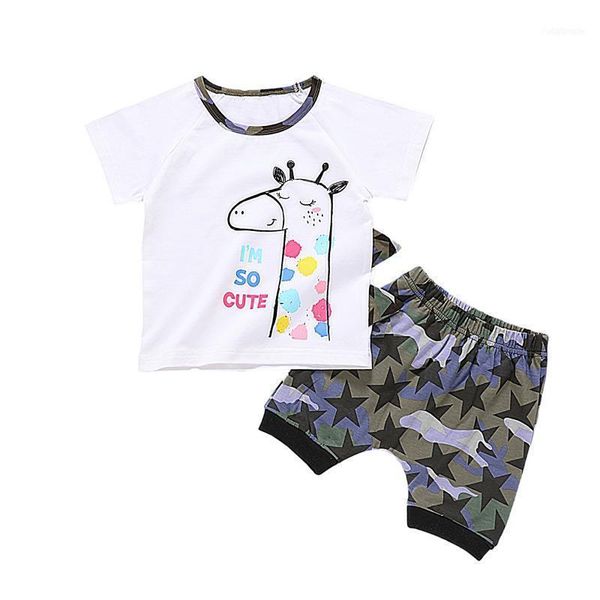 

clothing sets 2021 fashion infant boys outfit summer toddlers round collar giraffe printing short sleeve + star camouflage shorts 2pcs1, White