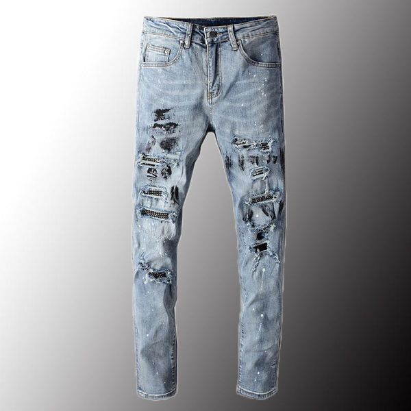 

men's jeans minglu luxury streetwear crystal ink painted ripped fashion light blue holes skinny stretch denim pencil pants 40
