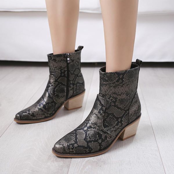 

boots fashion snake color print women high heels pu leather pointed toe slip-on western woman shoes botines mujer nice, Black