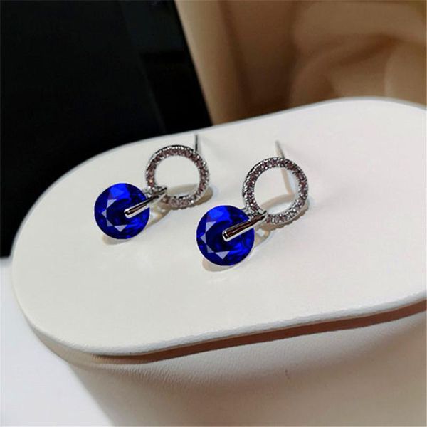 

stud multicolor crystal round earrings 925 silver royal blue green red stone zircon wedding for women small ear studs, Golden;silver