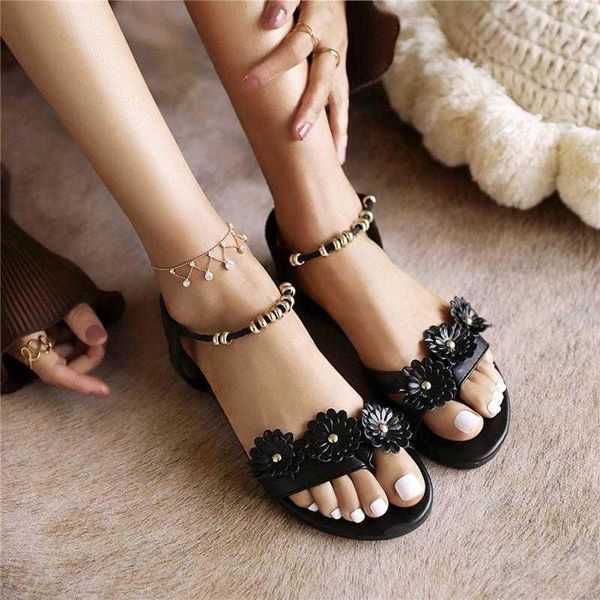 

sandals women flat heel back strap solid color female low flower casual shoes summer leisure fashion outdoor beach, Black