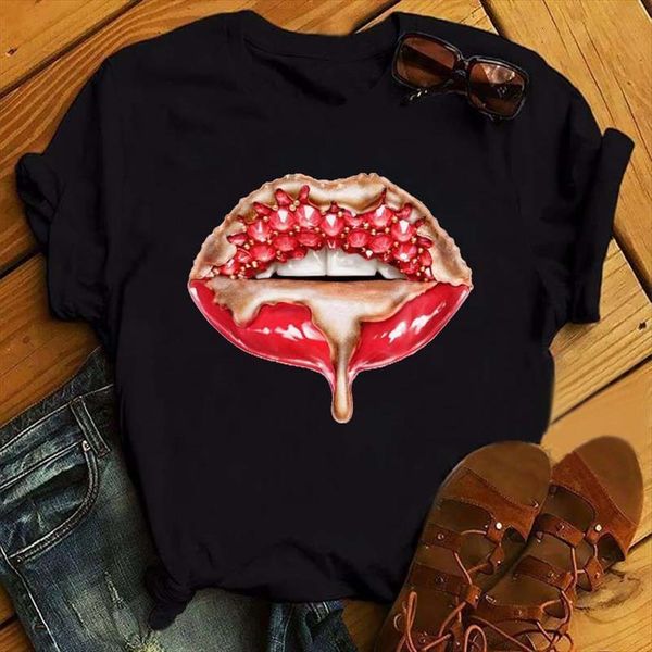 

Maycaur Lipstick Diamond Fashion Men Tops Kawaii Graphic And Womens Lips Makeup Art Summer Black Women Cute Shirts, White;black