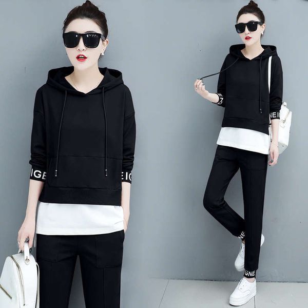 

fall women's large tracksuits loose casual sportswear long sleeve hooded sweater pants two piece set, Gray