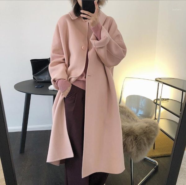 

women's wool & blends vintage pink korean warm single breasted woolen coat women clothes winter coats jacket female double side cashmer, Black
