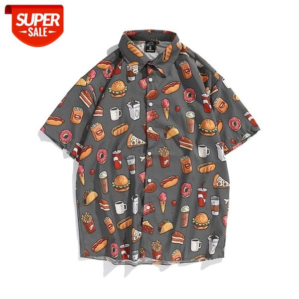 

cartoon food print harajuku men shirts streetwear hawaii vacation tpos summer loose short sleeve cotton oversized #nx2r, White;black