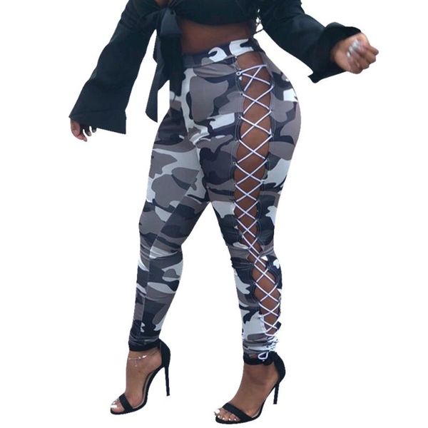 

women's pants & capris camouflage print bodycon high waisted lace up hollow out autumn spring for evening night party club wear pencil, Black;white
