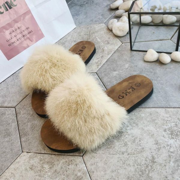 

slippers 2021 women furry ladies cute plush hair fluffy sandals women's fur winter warm for, Black