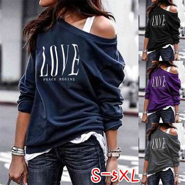 

2021 new love gray womens one shoulder casual letter print long sleeve t-shirts female plus size spring autumn clothes, White