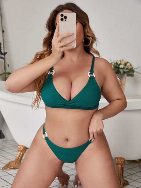 

plus rib ring linked bikini swimsuit j0jp#, Black