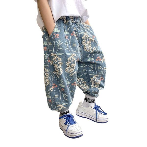

jeans fashion print kids boy denim pants girl loose toddler baby 3-10yrs spring fall clothes for, Blue