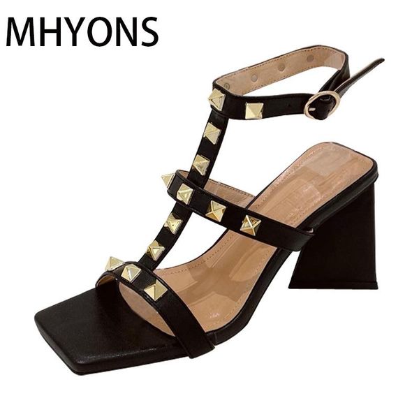 

dress shoes square toe solid color leather rivet one-line buckle roman women's sandals summer trendy t-shaped strap hollow flat, Black