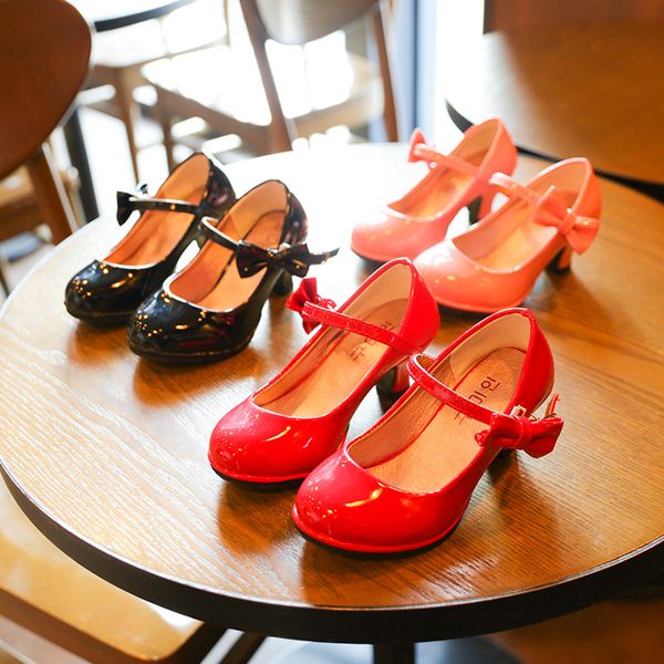 

girls leather shoes autumn bowtie sandals new children shoes high heels princess sweet sandals for girls sz107, Black;red